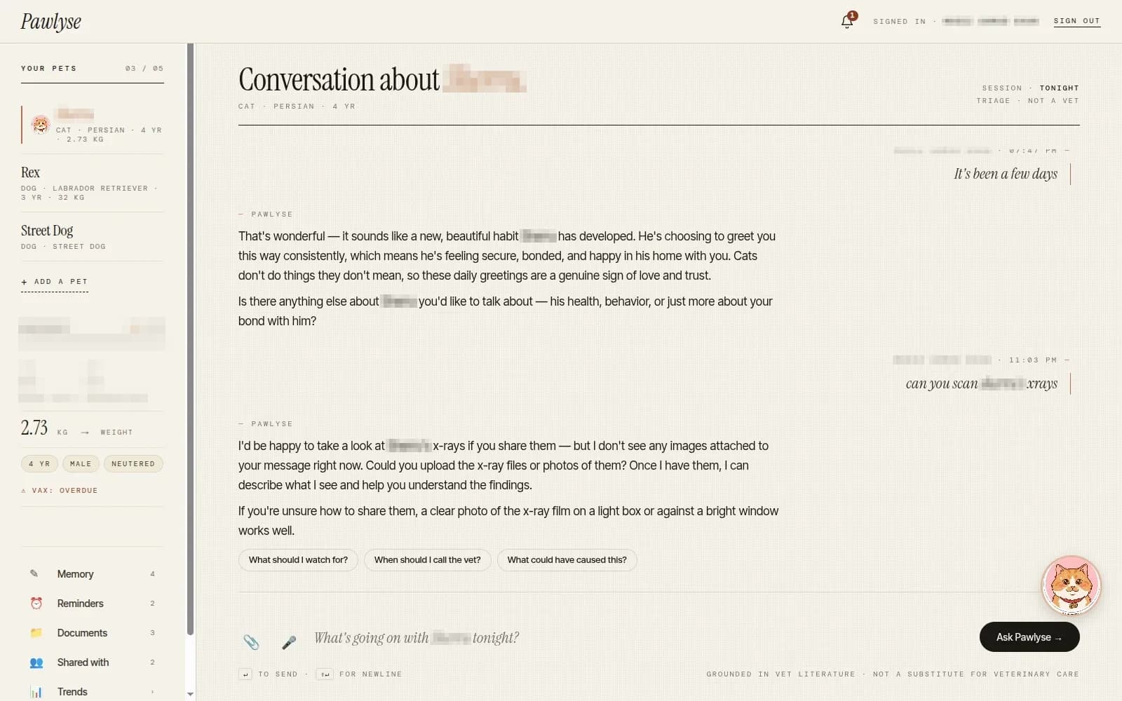 The Pawlyse conversation view with the pet switcher and record rail