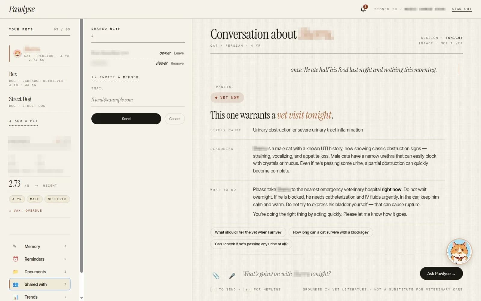 The Pawlyse sharing panel listing an owner and a viewer, with an invite field