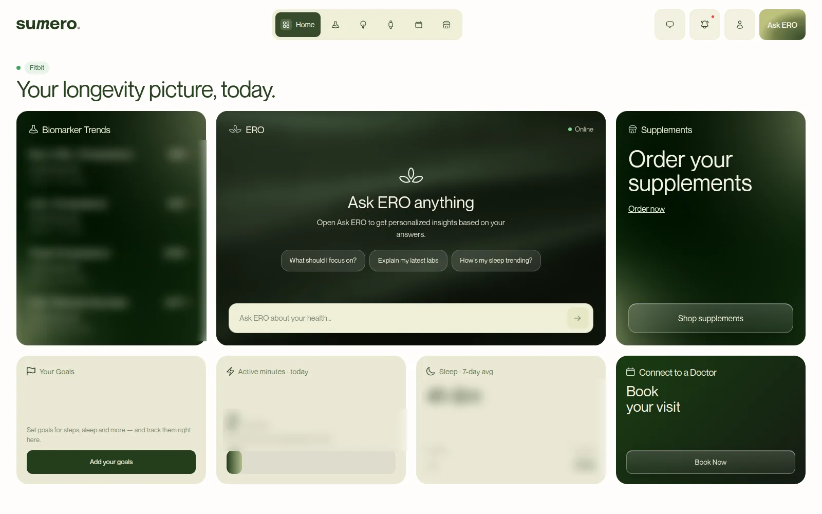 The Sumero member dashboard with biomarker trends and the ERO panel