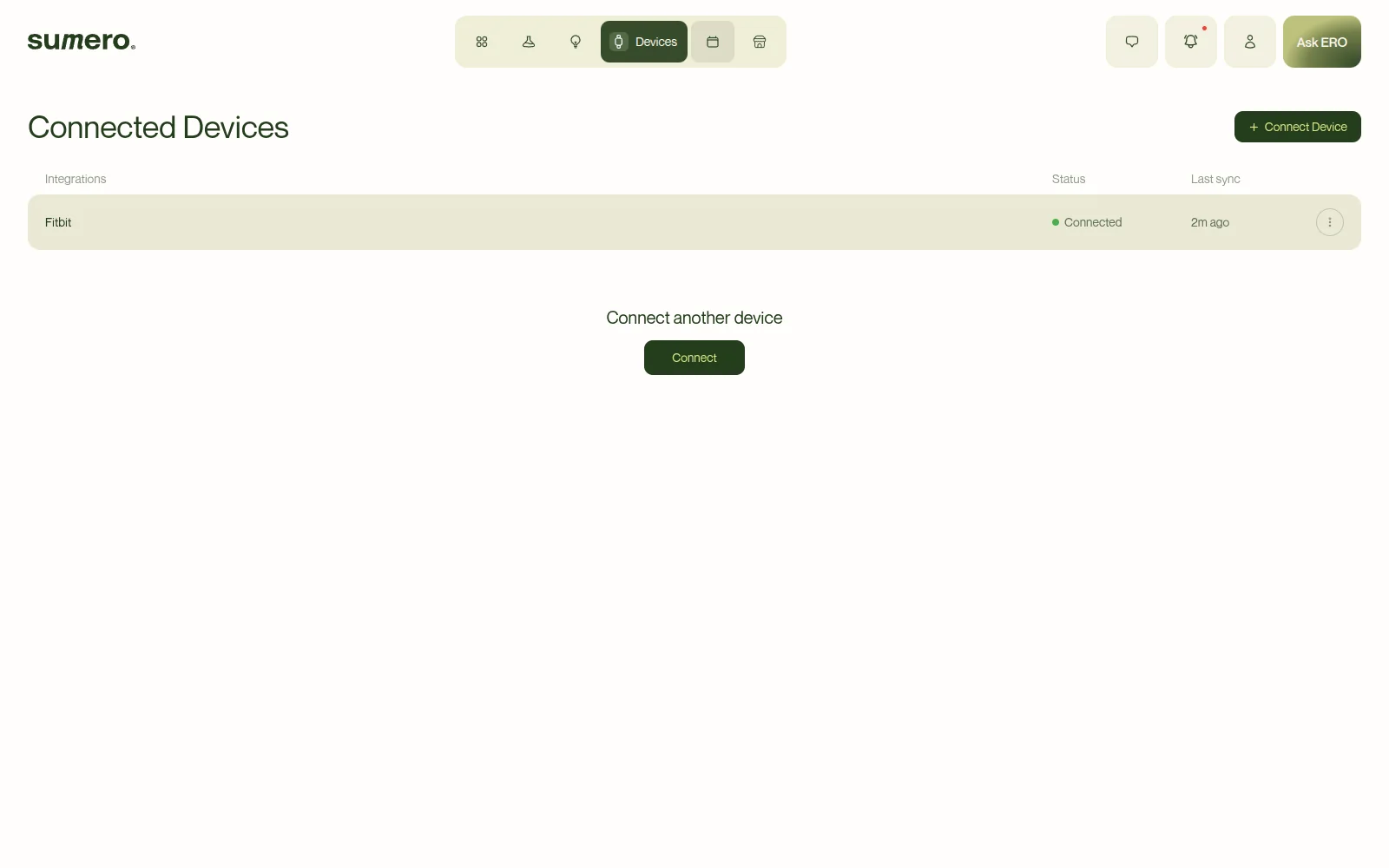 The Sumero connected devices screen showing a linked Fitbit