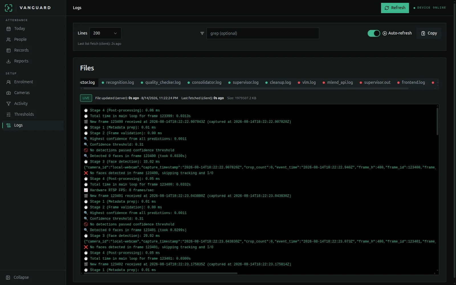 The Vanguard Logs screen streaming per-frame pipeline timings