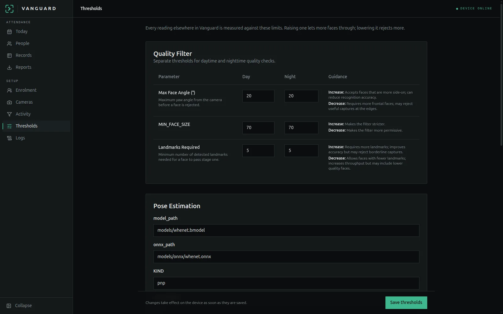 The Vanguard Thresholds screen with day and night quality limits and plain-language guidance