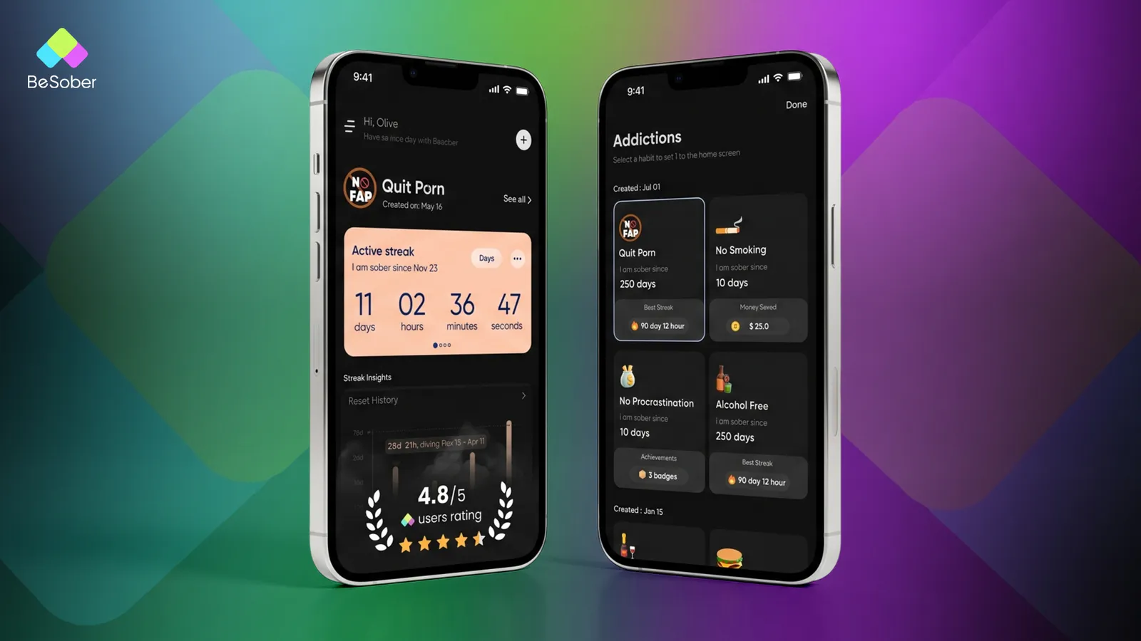 BeSober app screens