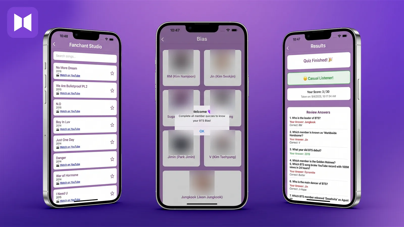 BTS Squad app screens